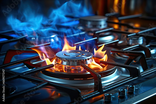 a close up of flames over a stove top. gas fire on stove top
