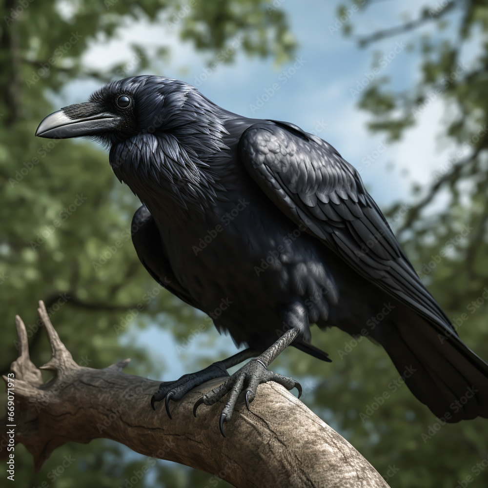 Fototapeta premium Crow perched on tree branch. AI Generative
