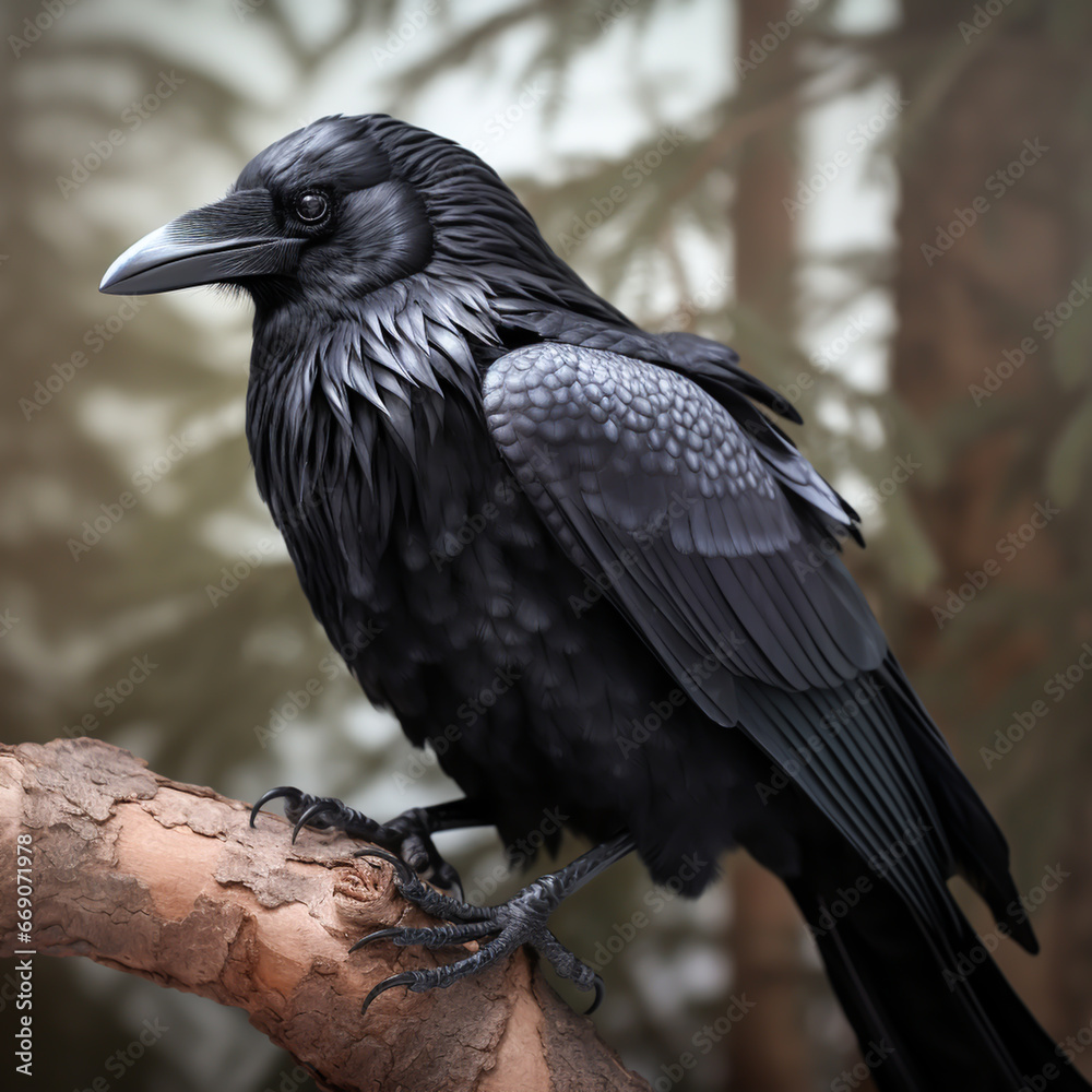 Fototapeta premium Crow perched on tree branch. AI Generative