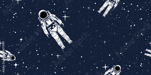 Seamless pattern of an astronaut in space against a background of twinkling stars. Sketch style.