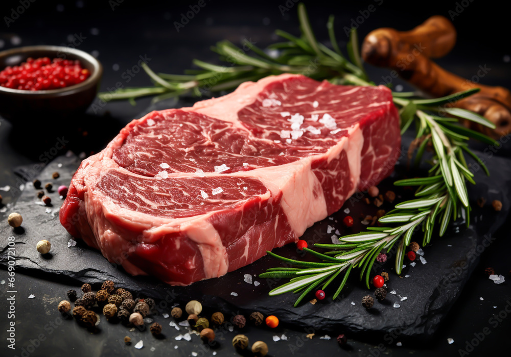 Raw steak with rosemary for cooking. AI Generative Raw steak with rosemary for cooking. AI Generative