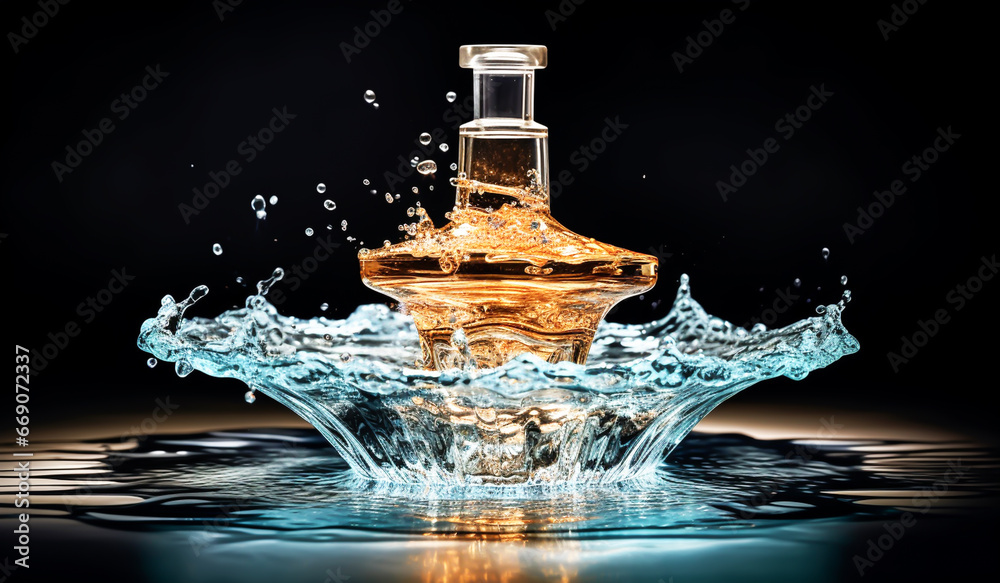 Romantic image of elegant bottle of perfume in splash of water. AI generative Romantic image of elegant bottle of perfume in splash of water. AI generative