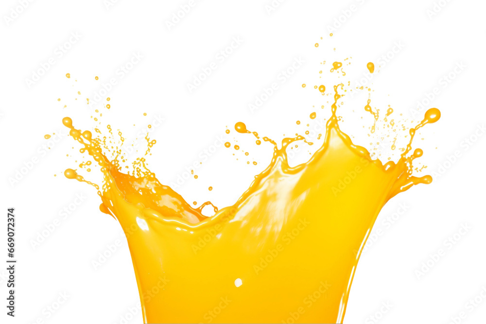 Falling orange juice splash isolated on a transparent background, splashes wave swirls drops, fluids droplets. Generative AI - obrazy, fototapety, plakaty 