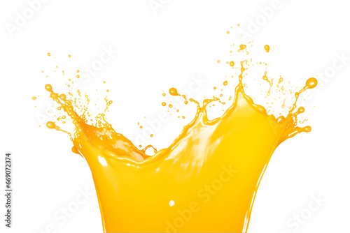 Falling orange juice splash isolated on a transparent background, splashes wave swirls drops, fluids droplets. Generative AI photo