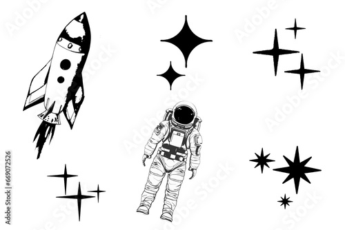 Set of space images of a rocket, astronaut, stars in sketch style on a white background.
