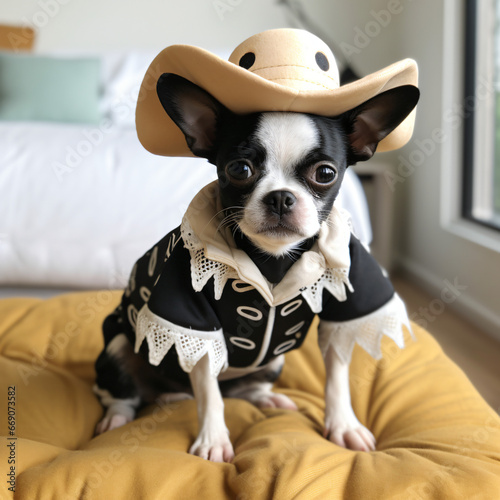A tiny chihuahua dressed up in a cow costume