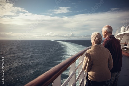 Elderly couple walks along the deck of a cruise ship, admiring the sea view. Beautiful aging. Journey
