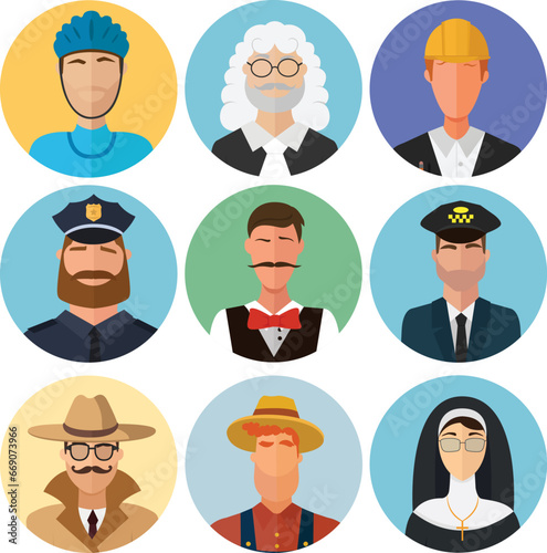 Vector flat profession characte Artistic smiling people portrait set. Worker isolated.