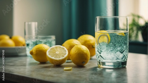 a glass with water and a slice of lemon stands on the table, lemons lie nearby, light background