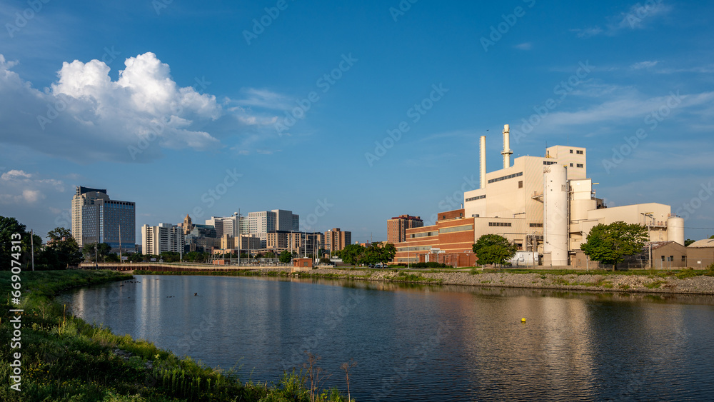 Fototapeta premium Skyline of Downtown Rochester, Minnesota, Looking Over the Zumbro River