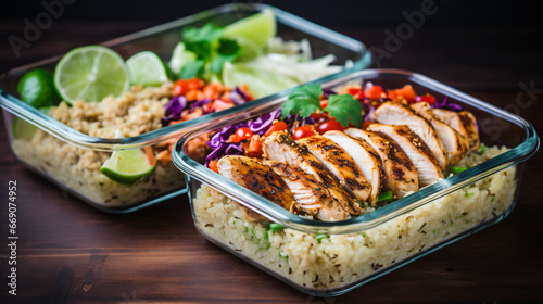 Healthy meal prep containers with quinoa chicken