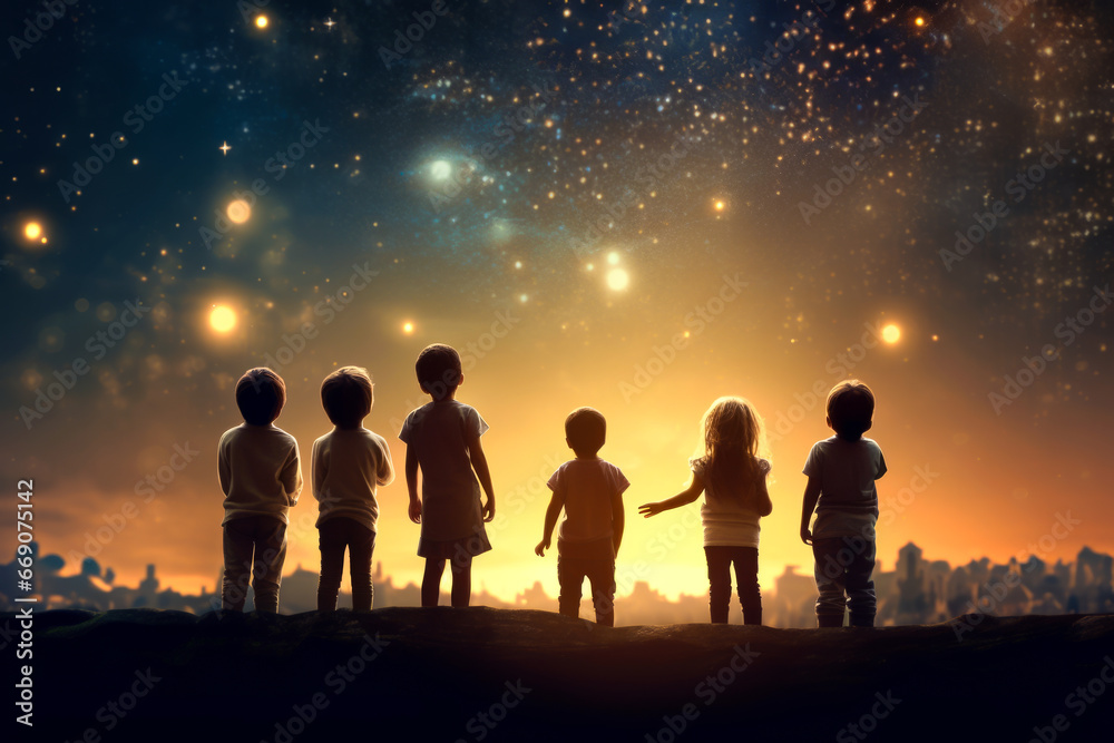 silhouette of back view children which looking on the christmas beautiful night sky full of stars silhouette of back view children which looking on the christmas beautiful night sky full of stars