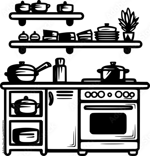 Kitchen - Black and White Isolated Icon - Vector illustration