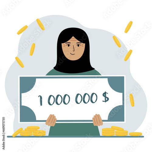 Jackpot, the concept of winning cash money. Happy smiling arab woman holding a certificate for one million dollars in his hands. Feeling excited, celebrating a win.