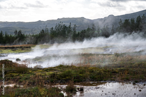 Smoke of hot springs in Iceland