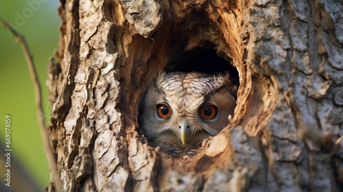 An owl peaking from trunk hole