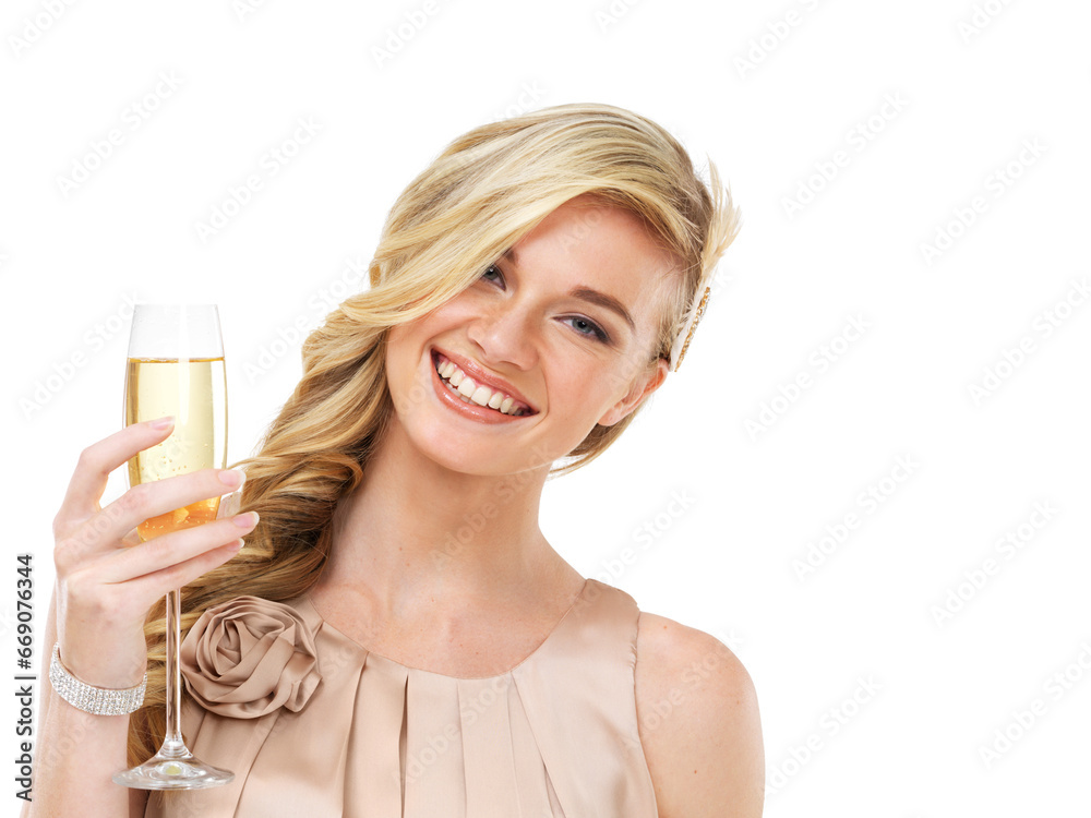 Portrait, champagne and toast with a classy woman isolated on a white background in studio for celebration. Smile, success and alcohol with a happy young person holding a glass at an elegant event