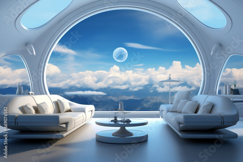 Travel view cabin technology inside flying spaceship window star blue planet station © VICHIZH