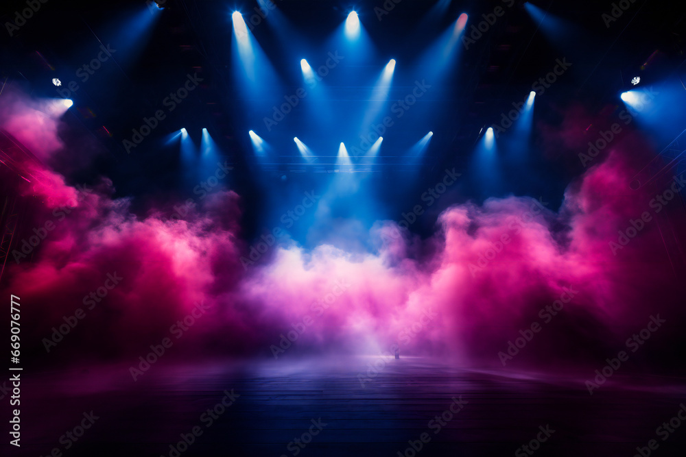 An empty stage ready for concert, with big colored lights and smoke