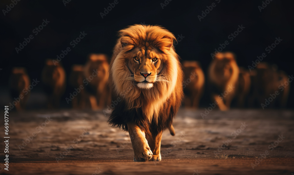 Fototapeta premium Leadership concept with majestic lion walking in front of his pride