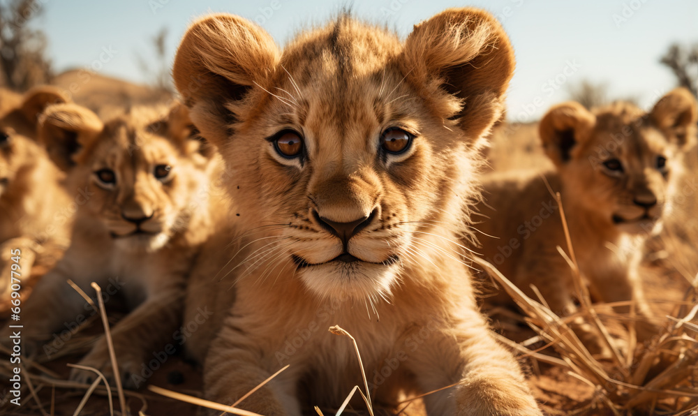 Close-up portrait of three lion cubs  in the Savannah