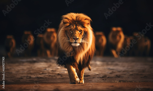 Leadership concept with majestic lion walking in front of his pride photo