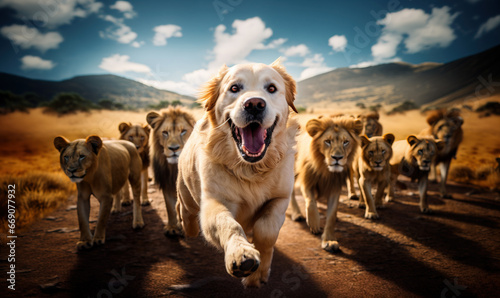 Naive Good boy Labrador retriever  thinks he's part of the lion pride