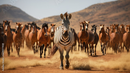 Standing out from the crowd concept with Zebra in heard of horses photo