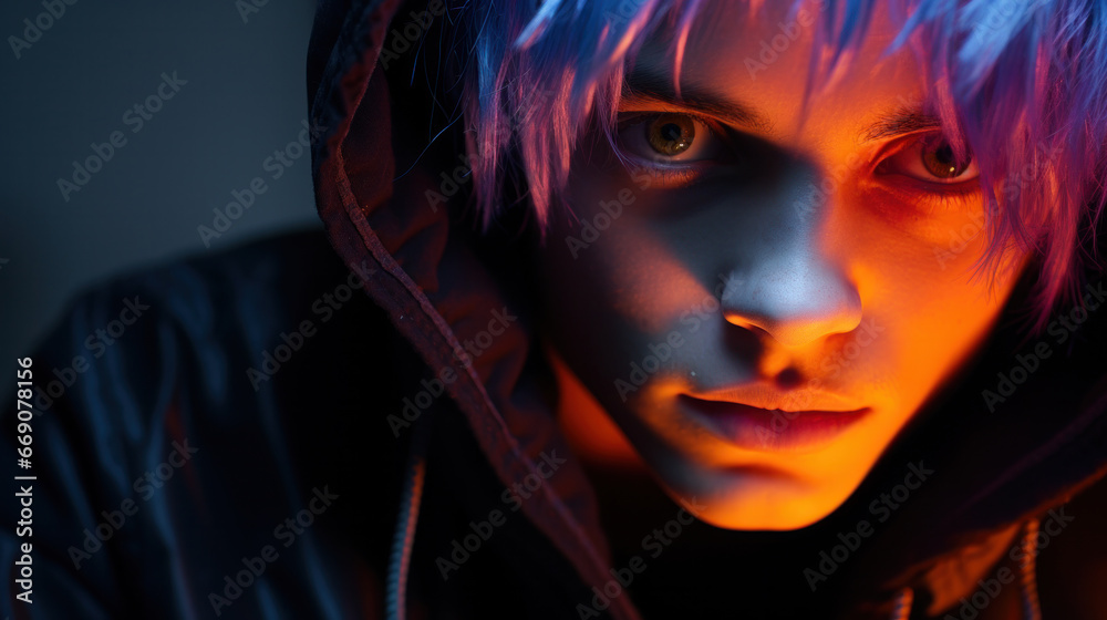 Close-Up of emo Punk Boy with Brightly Colored Hair