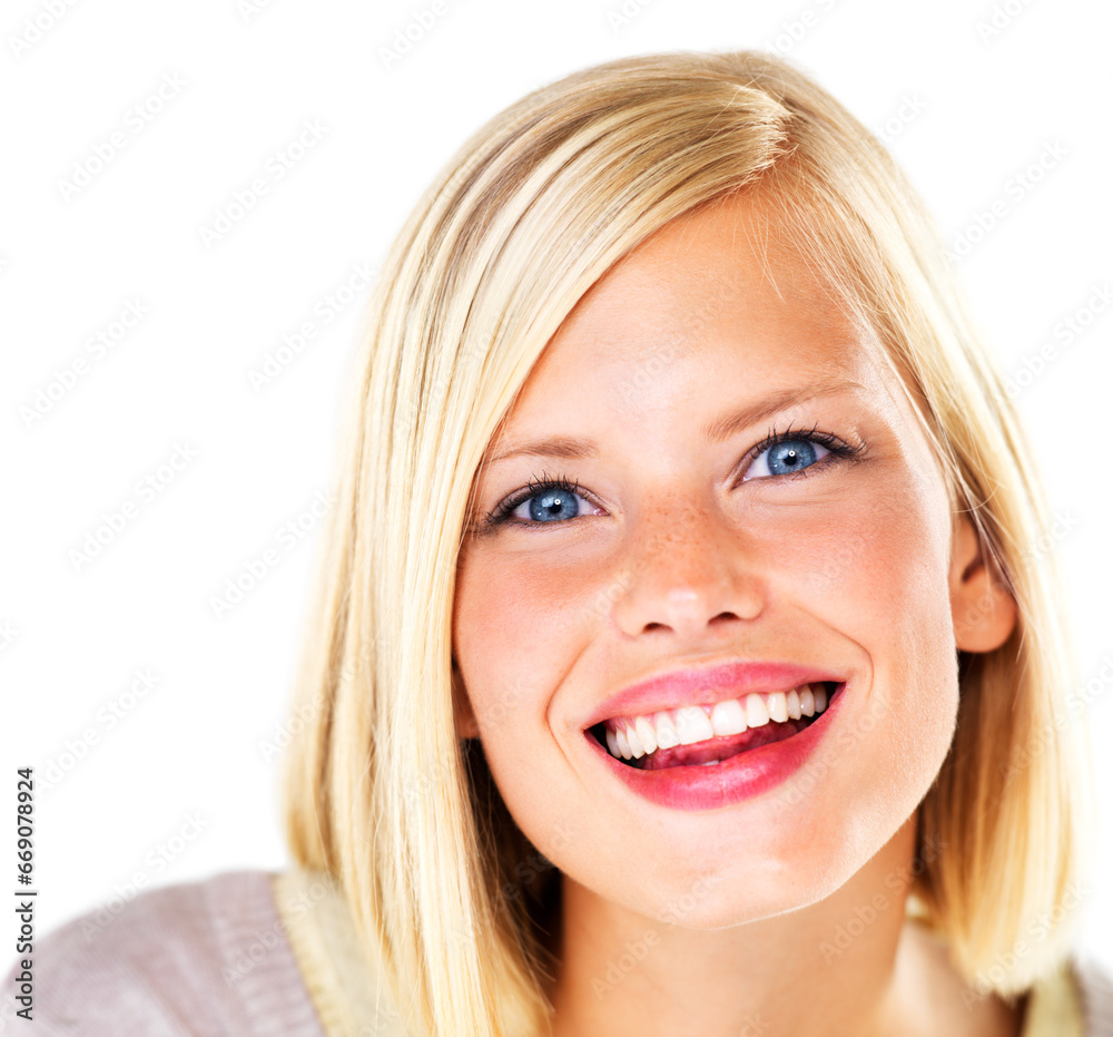 Woman, portrait and smile in studio for skincare, natural beauty and makeup on white background. Person, face and female with happiness for cosmetics, facial treatment and wellness, self care or joy Woman, portrait and smile in studio for skincare, natural beauty and makeup on white background. Person, face and female with happiness for cosmetics, facial treatment and wellness, self care or joy