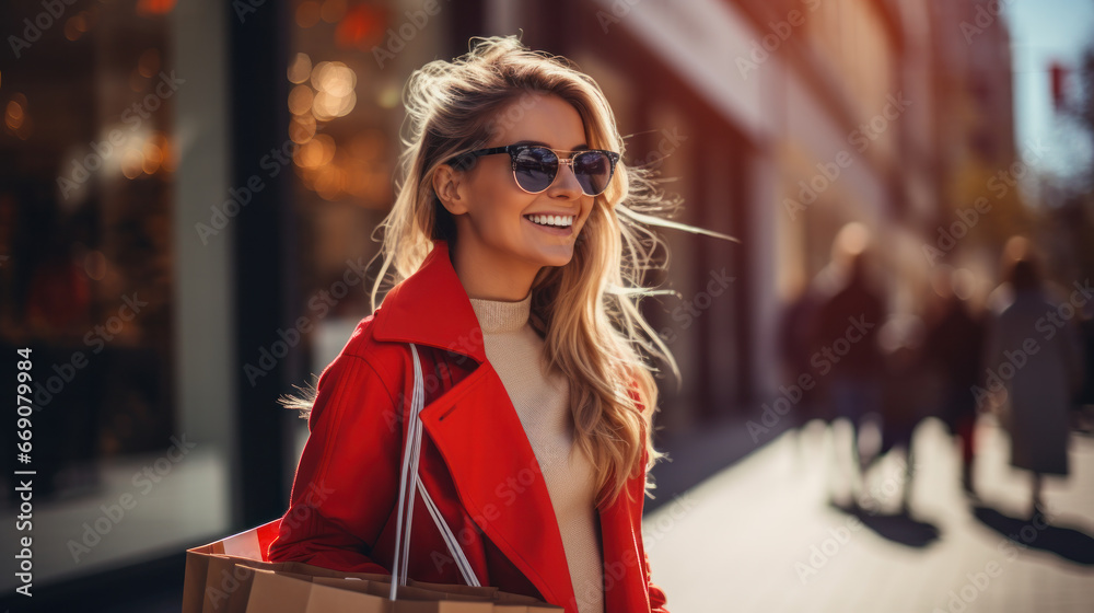 Happy woman with shopping bags enjoying in shopping. Consumerism, shopping, lifestyle concept Happy woman with shopping bags enjoying in shopping. Consumerism, shopping, lifestyle concept