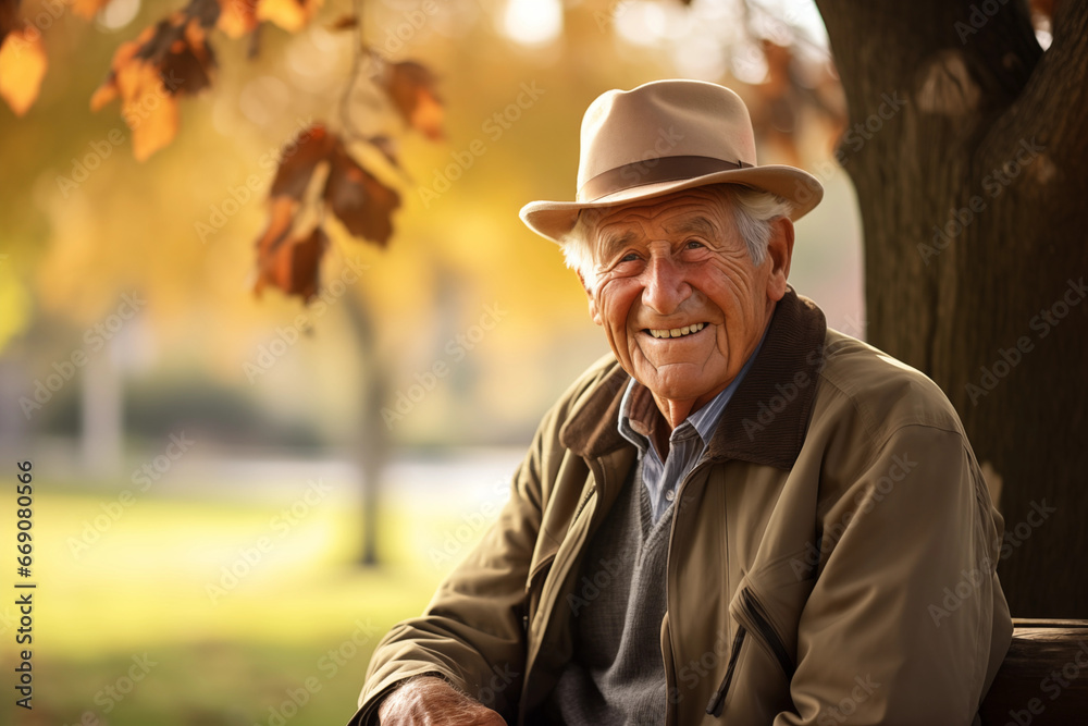 Candid photo of smiling elderly man at outdoor
