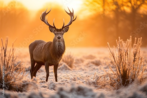 Red deer stag with antlers during rutting season on a frosty morning, Majestic Red Deer Cervus elaphus stag in the morning mist, UK, AI Generated