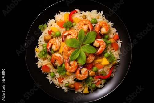 Rice with Shrimps and Vegetables on a Black Background, Rice with vegetables and shrimps on Black background, top view, AI Generated