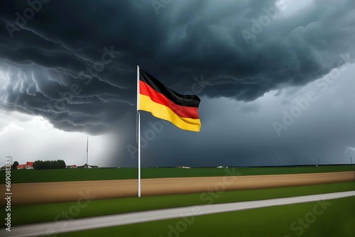 Deutschlandflagge auf freiem Feld mit Gewitter und Blitzen im Hintergrund