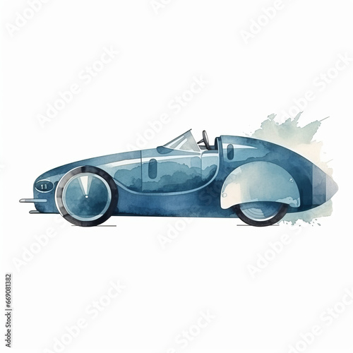 Watercolor Illustration of a Vintage Blue Race Car