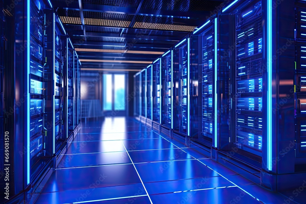 server room data center with hard drives and lights 3d rendering image