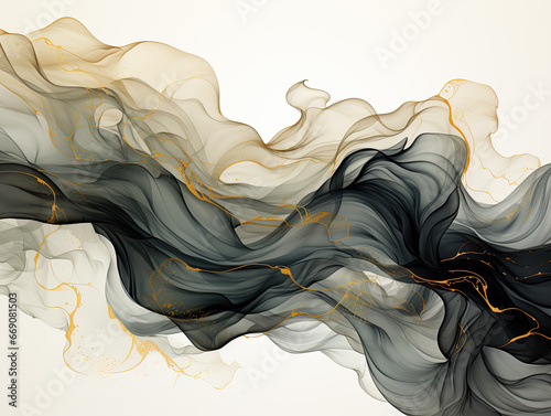 Abstract black ink waves and golden splashes on a modern watercolor background, suitable for an elegant card design for birthday invite or wedding.
