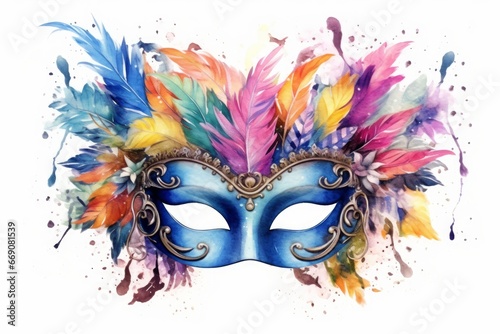 Watercolor party mask with feathers and glitter accents on white background. AI generated © PandaStockArt