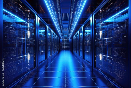 Server room data center. Internet and technology concept. 3D Rendering  server room data center with rows of server hardware. 3d rendering  AI Generated