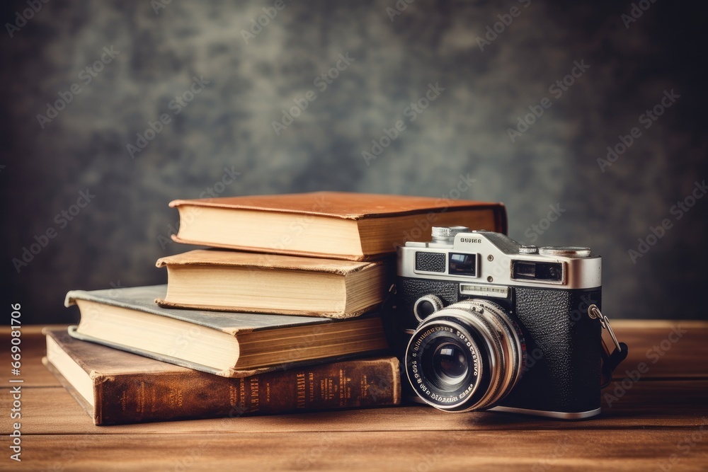Vintage camera and books on wooden table over grunge background, render of a sexy woman in black lingerie over grey background, AI Generated - obrazy, fototapety, plakaty 