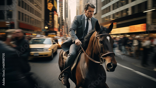 Business man riding a horse on the road
