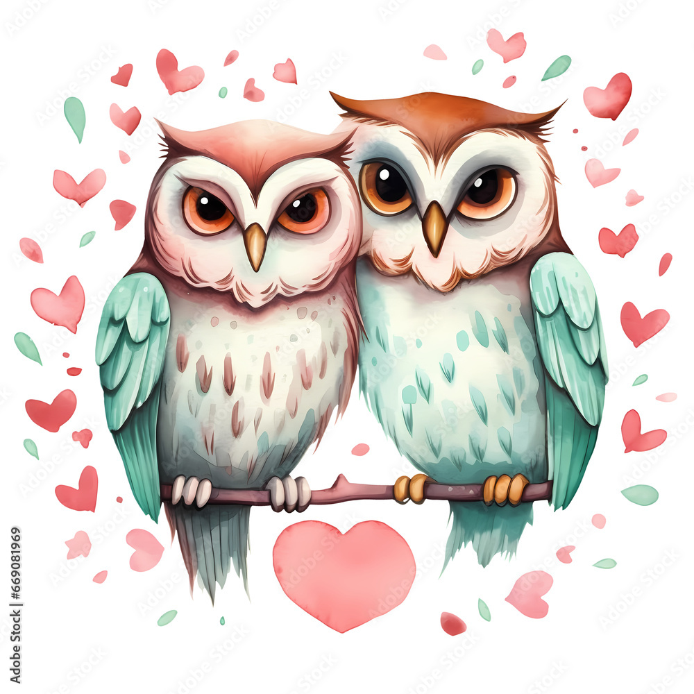 Fototapeta premium Watercolor Owls Sitting On Branch Valentine Clipart Illustration