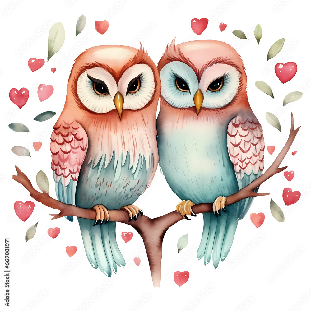 Obraz premium Watercolor Owls Sitting On Branch Valentine Clipart Illustration