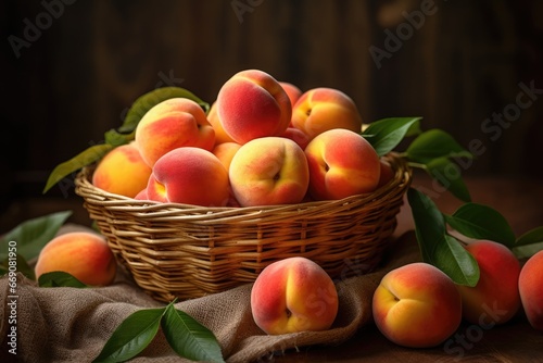 Ripe apricots in a basket on a wooden background, Ripe juicy organic peaches in a wicker basket, AI Generated