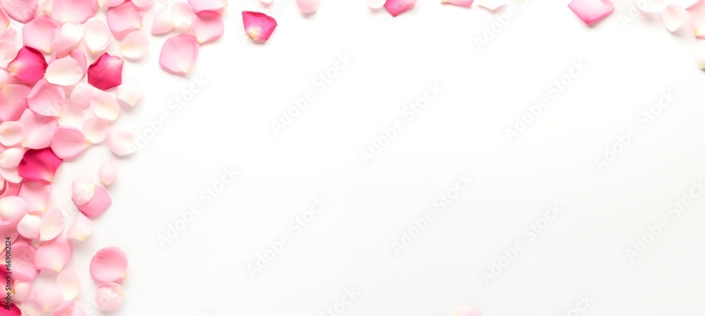 Flat lay Decorative banner. Close up of blooming pink roses flowers and petals isolated on white background. Floral frame composition.copy space for text, wedding, baby shower or valentine card