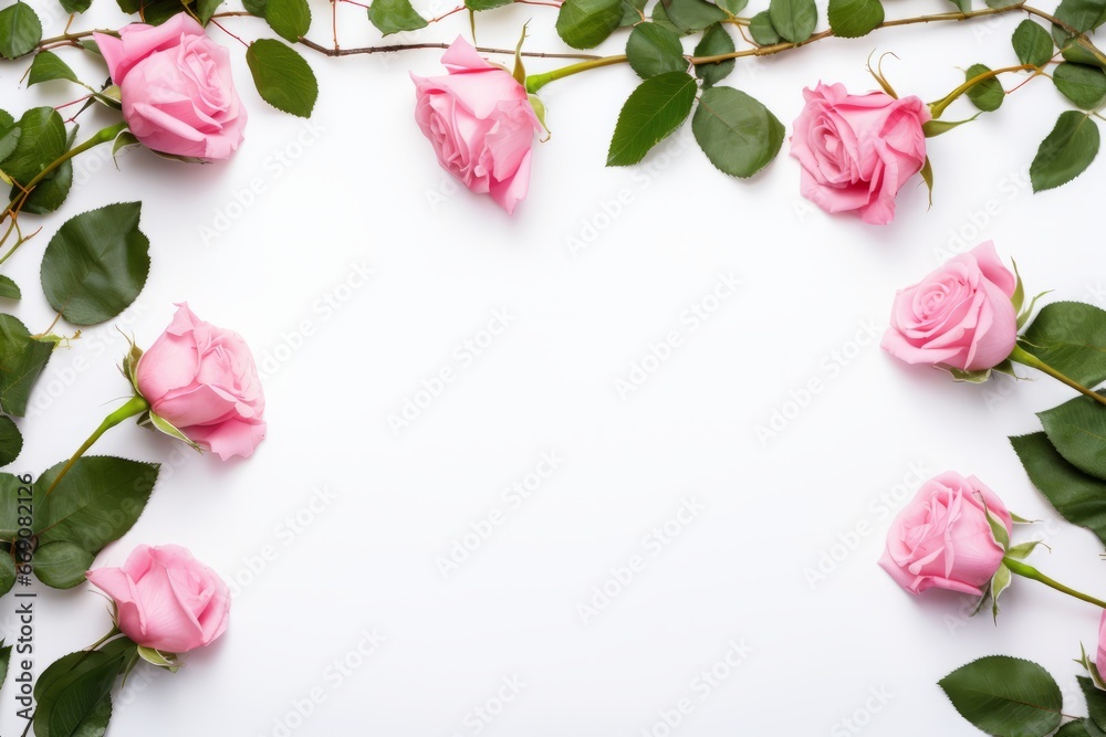 Flat lay Decorative banner. Close up of blooming pink roses flowers and petals isolated on white background. Floral frame composition.copy space for text, wedding, baby shower or valentine card Flat lay Decorative banner. Close up of blooming pink roses flowers and petals isolated on white background. Floral frame composition.copy space for text, wedding, baby shower or valentine card