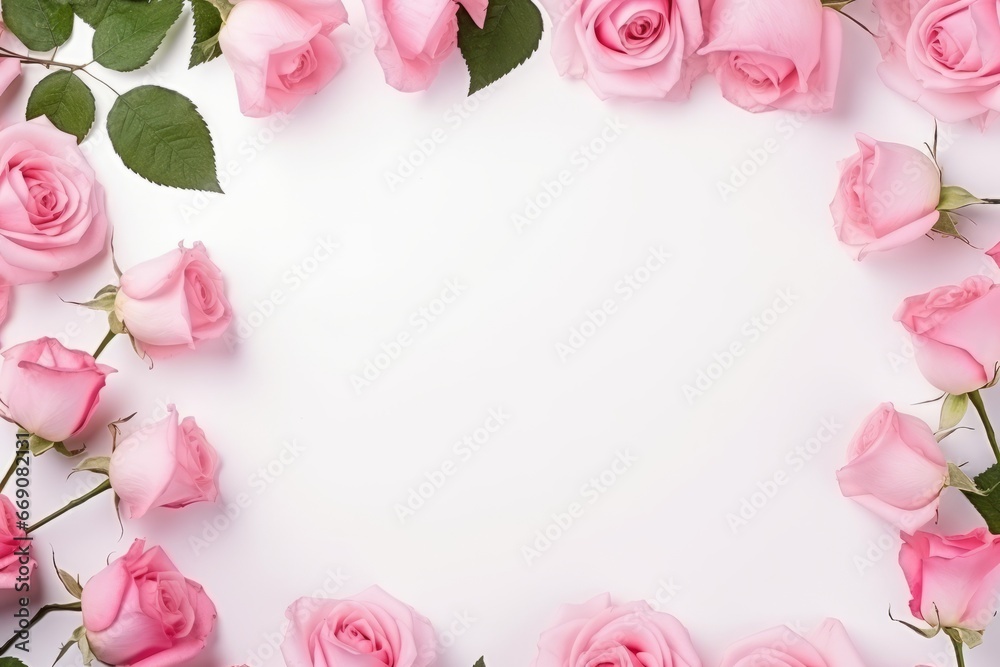 Flat lay Decorative banner. Close up of blooming pink roses flowers and petals isolated on white background. Floral frame composition.copy space for text, wedding, baby shower or valentine card