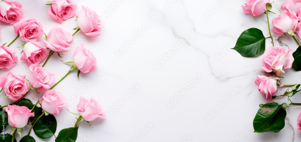 Flat lay Decorative banner. Close up of blooming pink roses flowers and petals isolated on white background. Floral frame composition.copy space for text, wedding, baby shower or valentine card Flat lay Decorative banner. Close up of blooming pink roses flowers and petals isolated on white background. Floral frame composition.copy space for text, wedding, baby shower or valentine card