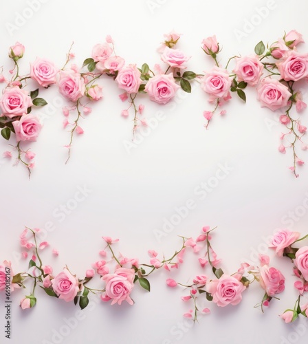 Flat lay Decorative banner. Close up of blooming pink roses flowers and petals isolated on white background. Floral frame composition.copy space for text, wedding, baby shower or valentine card © XC Stock